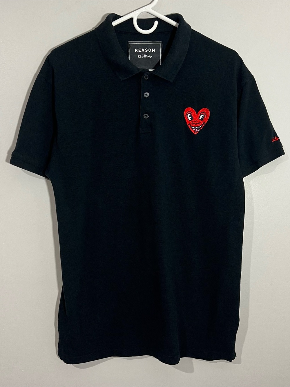 Reason Keith Hating Heart Black Red Short Sleeve Polo Shirt Mens Large
